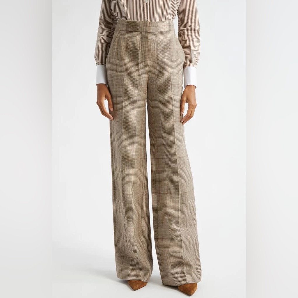 Veronica Beard Tonelli Windowpane Plaid Linen & Cotton Pants In Ecru/Ochre Sz 0